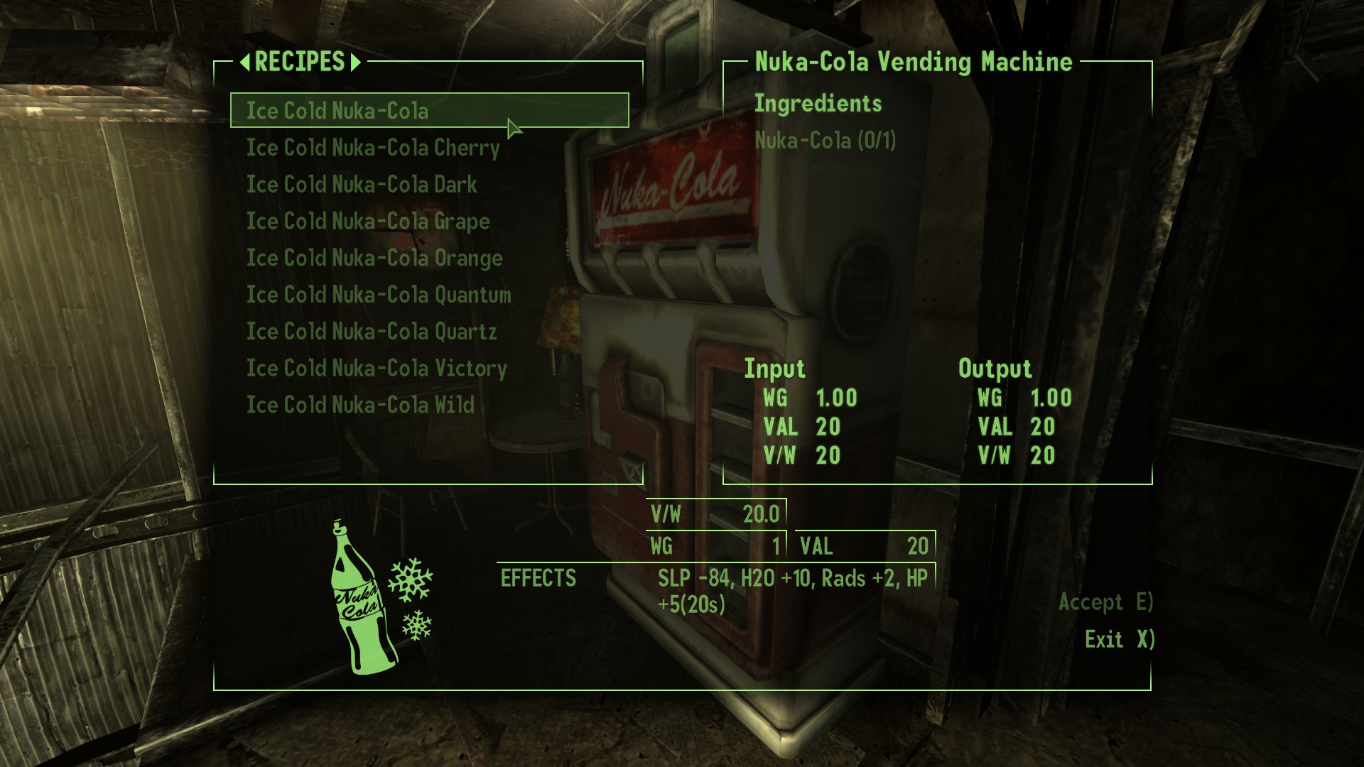 Nuka-Cola vending machine recipe interface