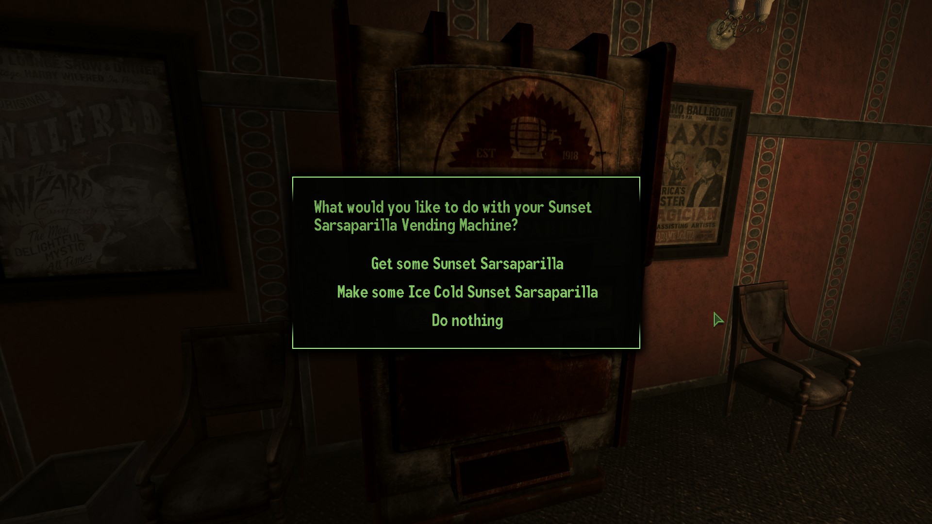 The interface when using a Sunset Sarsaparilla vending machine in a player home