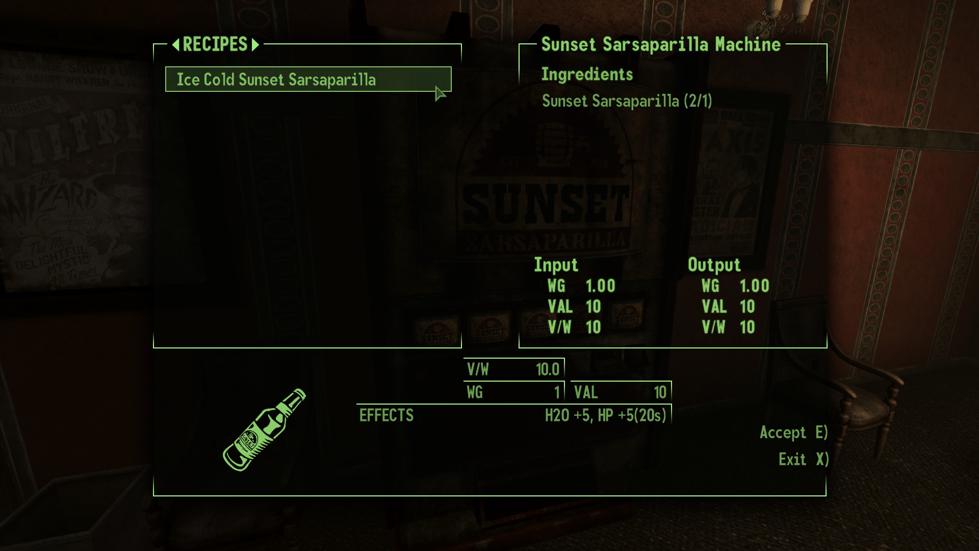 Sunset Sarsaparilla vending machine recipe interface